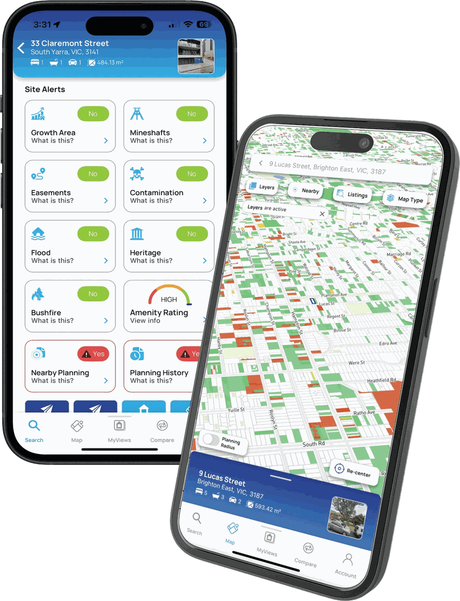 Site intelligence in your hand — site alerts, amenities, planning history and the full report on iPhone and Android.